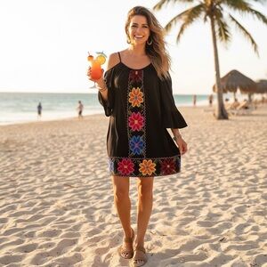 Vava by Joy Han Black Cold-Shoulder Mini Dress with Multicolor Floral Embroidery